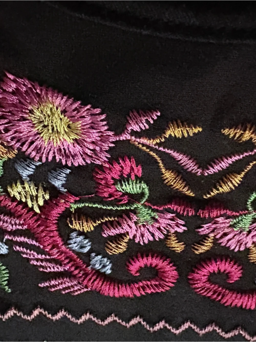 Mexican Embroidered Peasant Blouse Black Floral LG
